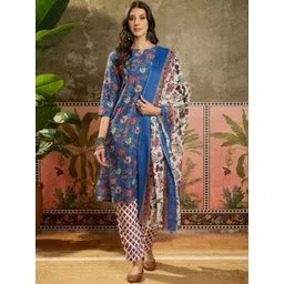 Sangria Women Floral Printed Regular Kurta with Trousers & With Dupatta-image-7