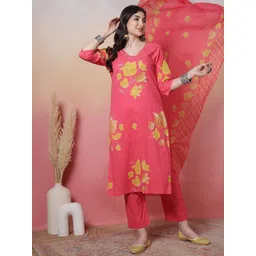 Sangria Women Floral Printed Regular Mirror Work Pure Cotton Kurta Set-image-41