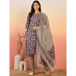Sangria Women Floral Printed Regular Pure Cotton Kurta with Trousers & With Dupatta-image-20