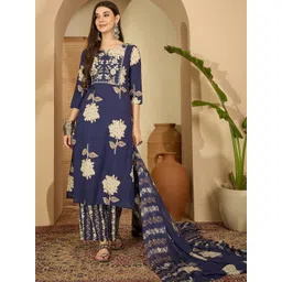 Sangria Women Floral Printed Regular Thread Work Kurta with Palazzos & With Dupatta-image-39