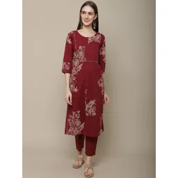 Sangria Women Maroon Floral Printed Pure Cotton Straight Kurta with Trousers-picture-38