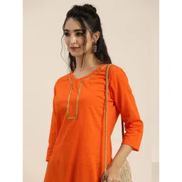 Sangria Women Orange & Black Solid Pure Cotton Gotta Patti Kurta with Printed Trousers-picture-19