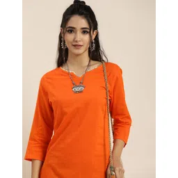 Sangria Women Orange & Green Pure Cotton Solid Mirror Work Kurta with Bandhani Trousers-picture-25