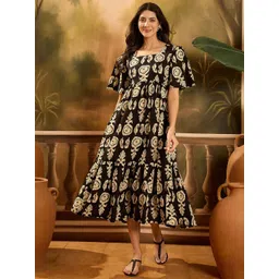 Sangria Women Paisley Printed Pure Cotton Tiered Midi Dress-picture-13