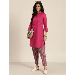 Sangria Women Pink & Grey Solid Pure Cotton Kurta with Trousers-picture-40