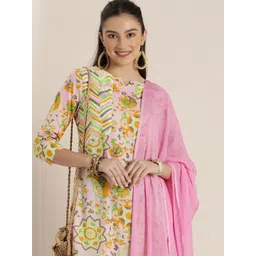 Sangria Women Pink & Yellow Ethnic Motifs Printed Cotton Kurta with Trousers & Dupatta-picture-12