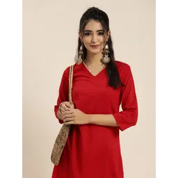 Sangria Women Red Solid Pure Cotton Gotta Patti Kurta with Abstract Print Trousers-picture-30