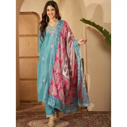 Sangria Women Silk Blend Embroidered Kurta Sets With Dupatta-picture-36