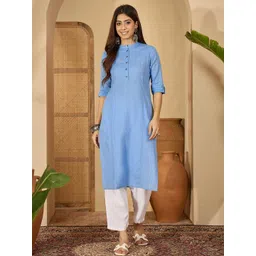 Sangria Women Solid Blue Thread Work Floral Kurta-picture-20