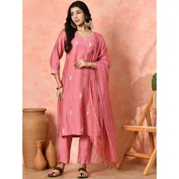 Sangria Women Solid Embroidered Kurta with Trousers & Dupatta-picture-12