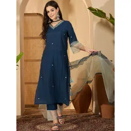 Sangria Women Solid Embroidered Kurta with Trousers & Dupatta image 1