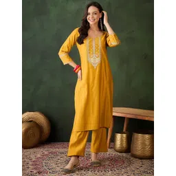 Sangria Women Solid Embroidered Round Neck Straight Kurta with Trousers-picture-13
