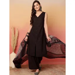 Sangria Women Solid V-Neck Calf Length Straight Fit Pure Cotton Kurta, Palazzo & Dupatta-picture-33