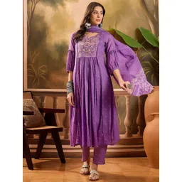 Sangria Women Thread Embroidered Pure Cotton Anarkali Kurta With Trousers & Dupatta-picture-18