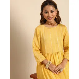 Sangria Women Yellow Sequined Jacquard Chanderi Silk Anarkali Kurta-picture-29