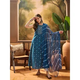 Sangria Women's Bandhej Printed Cotton Flared Kurta with Dupatta-picture-18