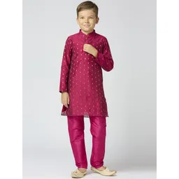 sangria YK Boys Ethnic Motifs Woven Design Mandarin Collar Chanderi Cotton Kurta With Trouser-picture-35