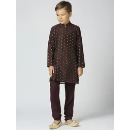 sangria YK Boys Ethnic Motifs Woven Design Mandarin Collar Chanderi Cotton Kurta With Trouser-picture-48