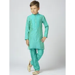 sangria YK Boys Ethnic Motifs Woven Design Mandarin Collar Chanderi Cotton Kurta With Trouser-picture-36