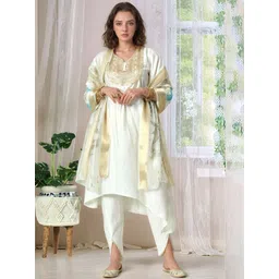 Sangria Yoke Design Sequinned V-Neck A-Line Kurta with Dhoti & Dupatta Set-picture-23