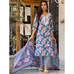 Sangria Yoke Embroidered & Printed Kurta With Trousers & Dupatta Set-picture-28