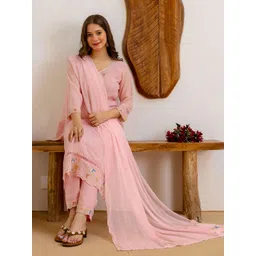 SANISA Embroidered V-Neck Thread Work Georgette Straight Kurta With Trousers & Dupatta-picture-20