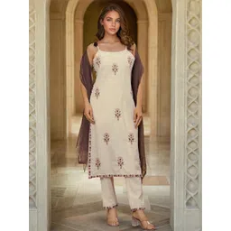 SANISA Women Ethnic Motifs Embroidered Cotton Kurta with Trousers & Dupatta-picture-34
