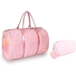 sanjis enterprise Combo of Fur Cute Trendy Duffel Bag Handbag Furry Fur Overnight Weekender Travel Bag Purse Fancy Gym Tote Bag and Makeup Pouch for Women (Pink)-picture-28