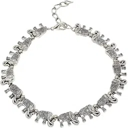 sanjog German Oxidised Silver Anklet for Women, Nature Tribal Style with Elepant Carvings Charms Evil Eye Nazar Battu Anklet-picture-14