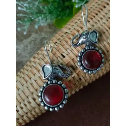 Sanjog German Silver Plated Artificial Stones Studded Circular Oxidised Drop Earrings-picture-17