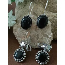 Sanjog Set Of 2 German Silver Plated Artificial Stones Studded Oval Oxidised Drop Earrings-picture-42