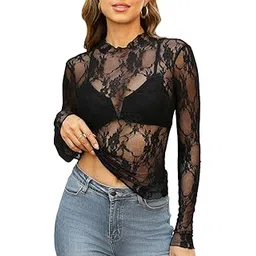 sannidhi Mesh Long Sleeve Top for Women, Lace Sheer Tops See Through Mock Neck Floral Embroidery Sheer Blouce Fishnet Shirt Floral Lace Tops-picture-15