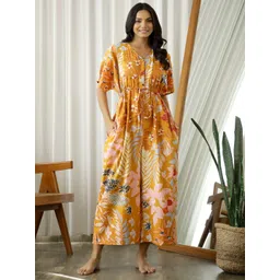 SANSKRUTIHOMES Mustard Printed Maxi Pure Cotton Nightdress-picture-31