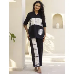 SANSKRUTIHOMES Tie and Dye Printed Mandarin Collar Pure Cotton Night Suit-picture-27