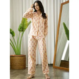 SANSKRUTIHOMES Women Cream-Coloured & Red Printed Pure Cotton Night suit-picture-21