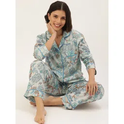 SANSKRUTIHOMES Women Grey & Blue Printed Cotton Night suit image 3