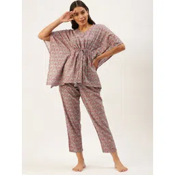 SANSKRUTIHOMES Women Grey & Rust Orange Pure Cotton Printed Pyjama Set-picture-16