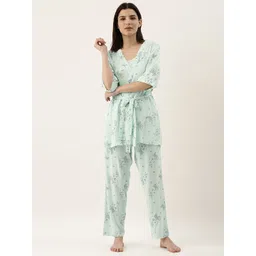 SANSKRUTIHOMES Women Sea Green & Blue Floral Printed Pyjama Set-picture-15