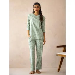 SANSKRUTIHOMES Women Sea Green Round Neck Viscose Rayon Printed Ethnic Motifs Night Suit-picture-25
