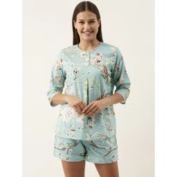 SANSKRUTIHOMES Women Turquoise Blue & White Printed Cotton Night suit-picture-35