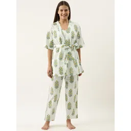 SANSKRUTIHOMES Women White & Green Printed Cotton Night suit-picture-21