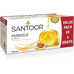Santoor PureGlo Glycerine Soap with Almond Oil and Glycerine, 125g (Pack of 6) for Nourished Glowing Skin-picture-0