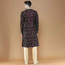 sanwara Exquisite Deep Blue Velvet Floral Embroidered Men's Sherwani with Pyjama Pant image 3