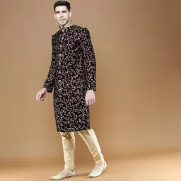 sanwara Exquisite Deep Blue Velvet Floral Embroidered Men's Sherwani with Pyjama Pant image 1