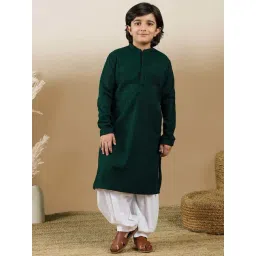 Sanwara Boys Deep Green Cotton Embroidery Full Sleeves Kurta & Patiala Salwar-picture-31