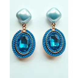 SAPRAA TRENDS Stainless Steel Gold-Plated Stone Studded & Beaded Oval Drop Earrings-picture-12