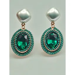 SAPRAA TRENDS Stainless Steel Gold-Plated Stone Studded & Beaded Oval Drop Earrings-picture-13