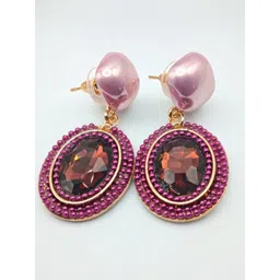 SAPRAA TRENDS Stainless Steel Gold-Plated Stone Studded & Beaded Oval Drop Earrings image 4