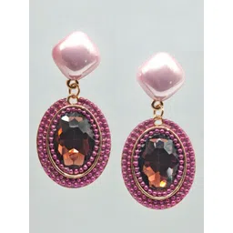 SAPRAA TRENDS Stainless Steel Gold-Plated Stone Studded & Beaded Oval Drop Earrings image 3