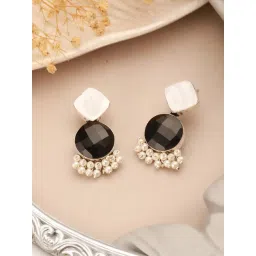 Saraf RS Jewellery Black Statement Silver Oxidised Black Stone Pearl Beaded Minimal Drop Earring-picture-10